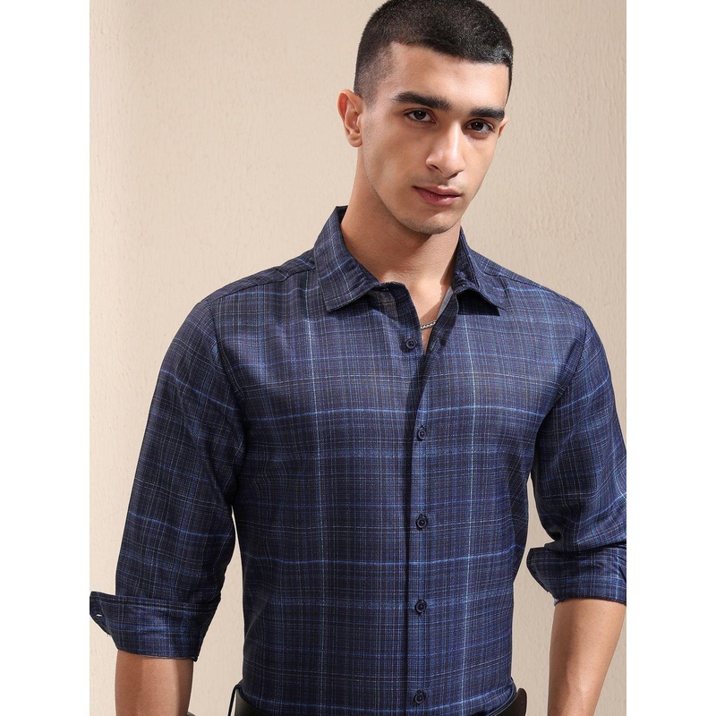 HIGHLANDER Men Popcorn Checked Regular Fit Shirt