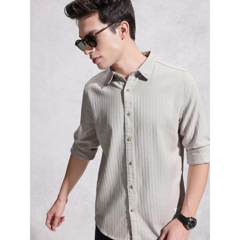 WROGN Textured Self Designed Pure Cotton Casual Shirt