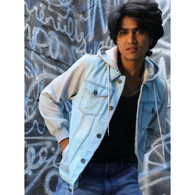 Campus Sutra Washed Windcheater Cotton Hooded Denim Jacket