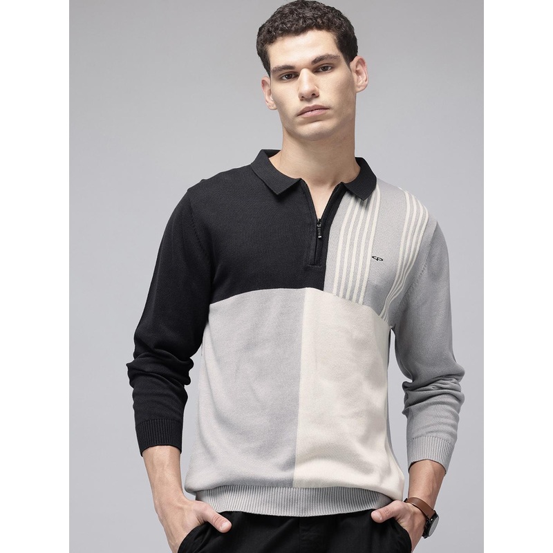 ColorPlus Colourblocked Polo Collar Pure Cotton Knitted Pullover