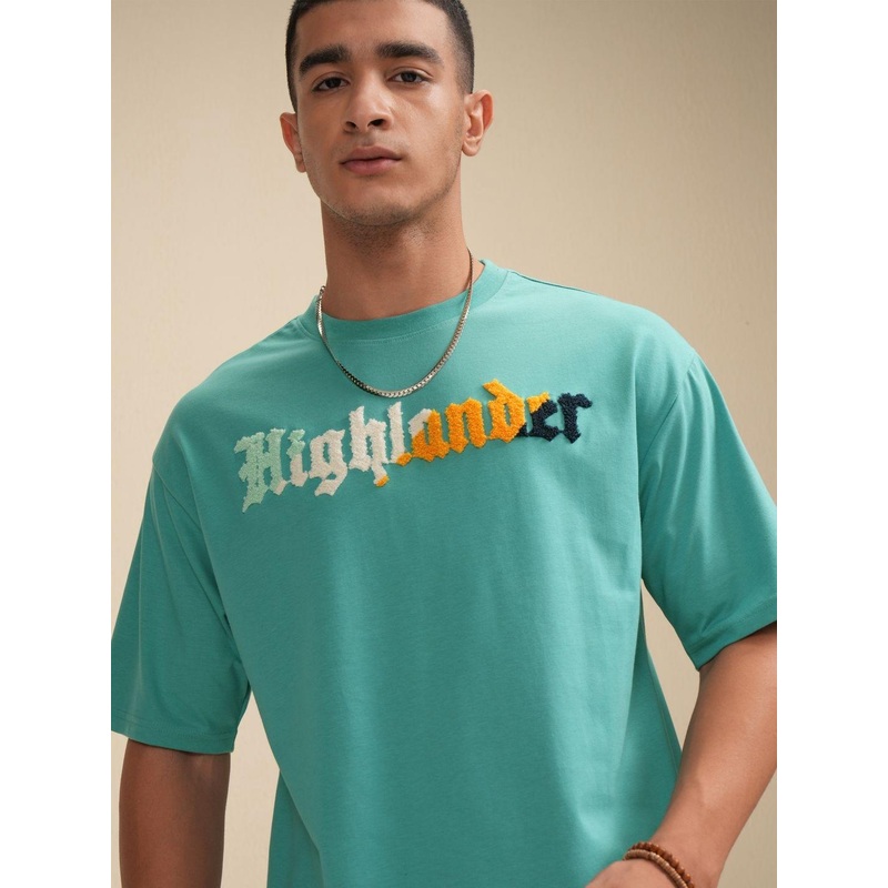 HIGHLANDER Men Typography Printed  Round -Neck Applique T-shirt