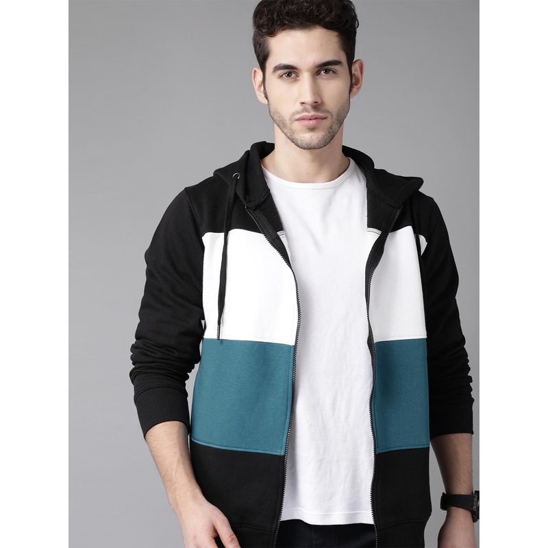 Roadster Men Black & White Colourblocked Hooded Sweatshirt