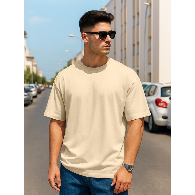 VEIRDO Beige Drop-Shoulder Sleeves Pure Cotton Oversized T-shirt