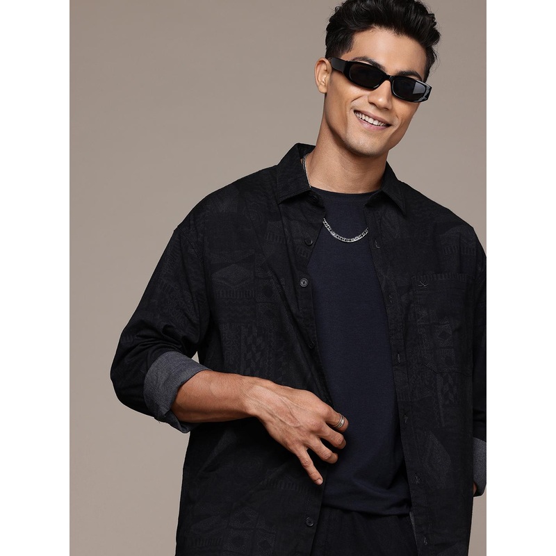 WROGN Tribal Printed Drop-Shoulder Sleeves Oversized Casual Shirt