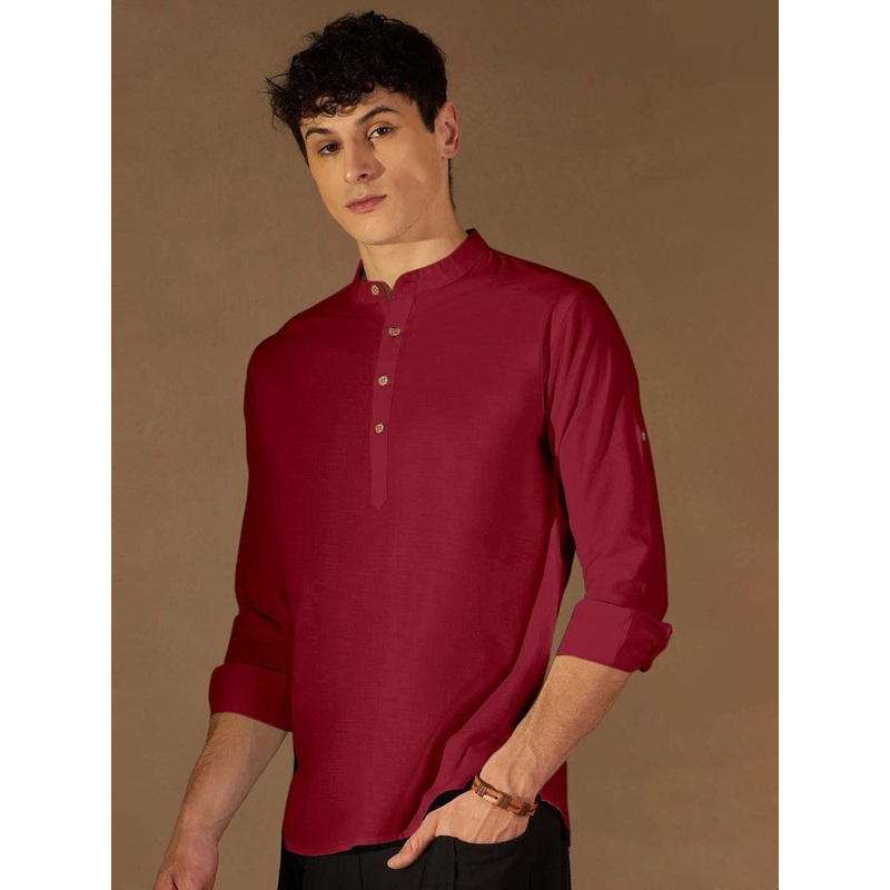 Zombom Men Mandarin Collar Roll-Up Sleeves Straight Kurta