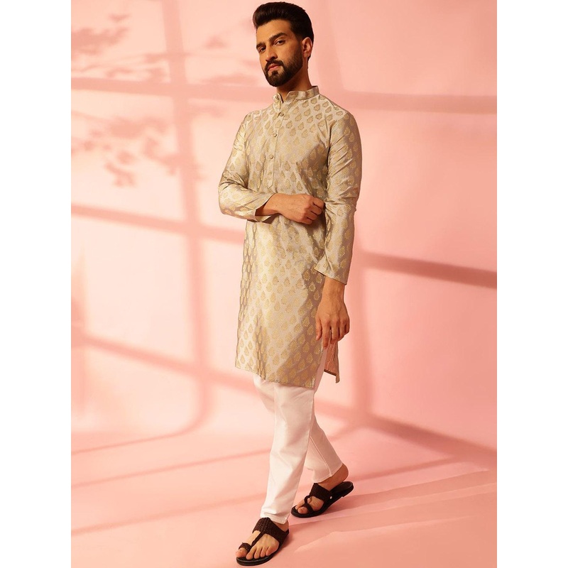 Anouk Ethnic Motifs Woven Design Band Collar Cotton Silk Straight Kurta