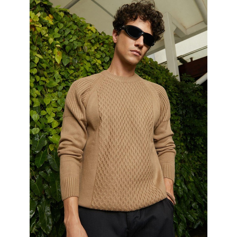 Campus Sutra Men Camel Hive-Knit Pullover Sweater