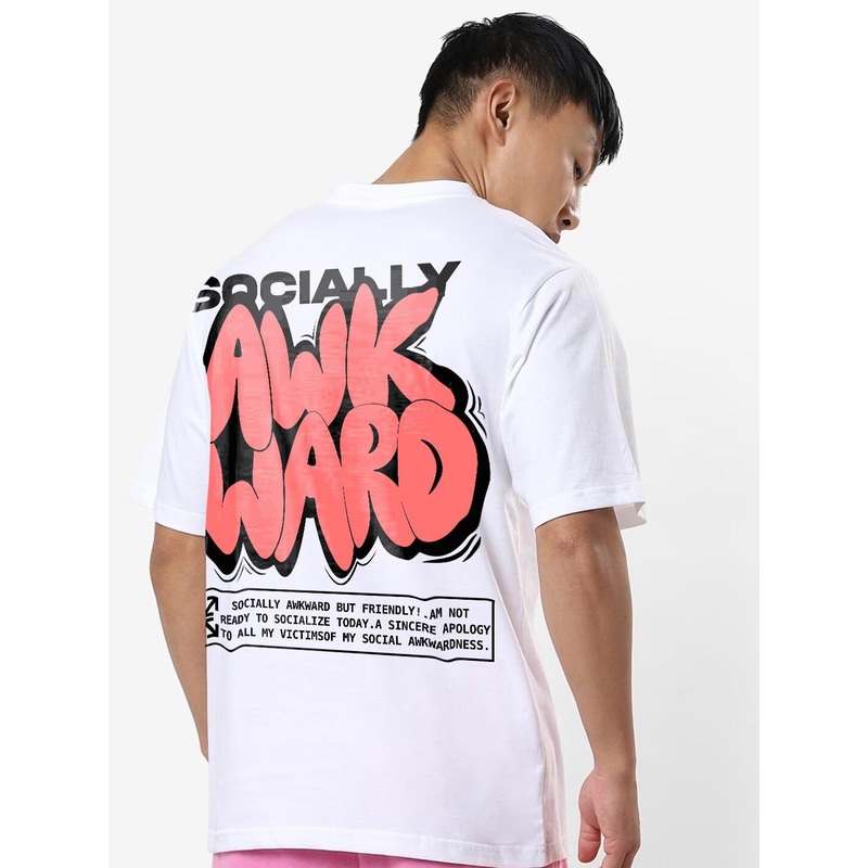 Crazymonk Socially Awkward Printed Drop Shoulder Pure Cotton Oversized T-Shirt