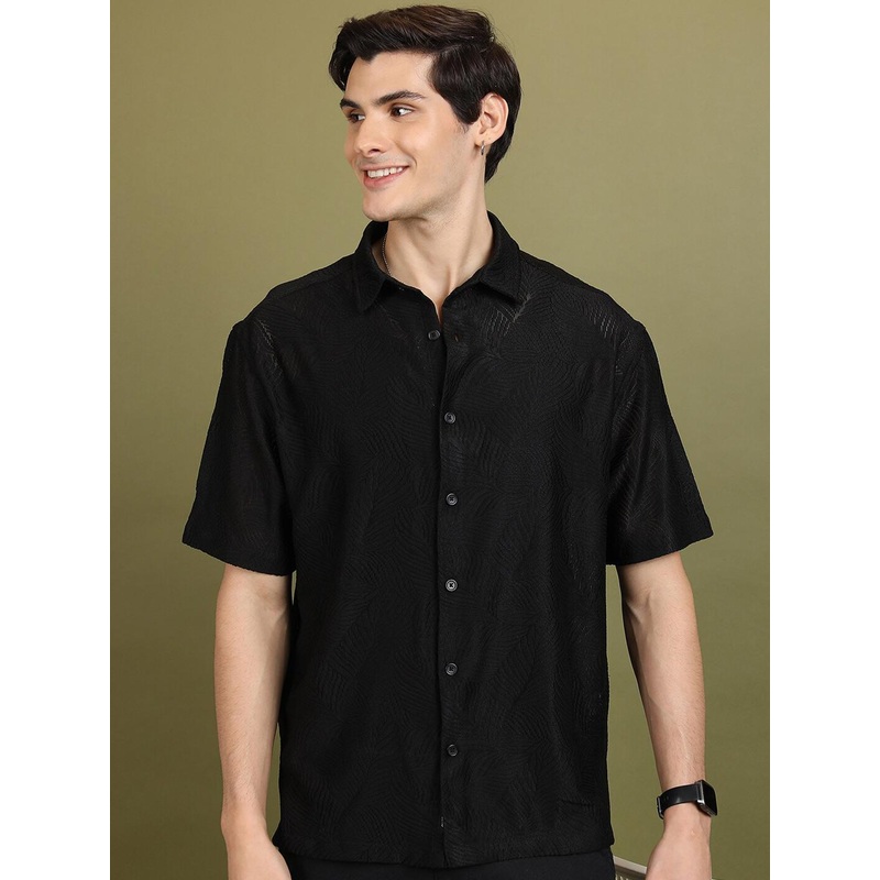 HIGHLANDER Black Self Designed Cuban Collar Casual Crochet Oversized Shirt