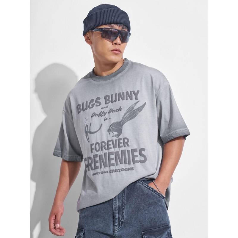 HIGHLANDER Looney Tunes Printed Round Neck Drop-Shoulder Sleeves Oversized T-shirt