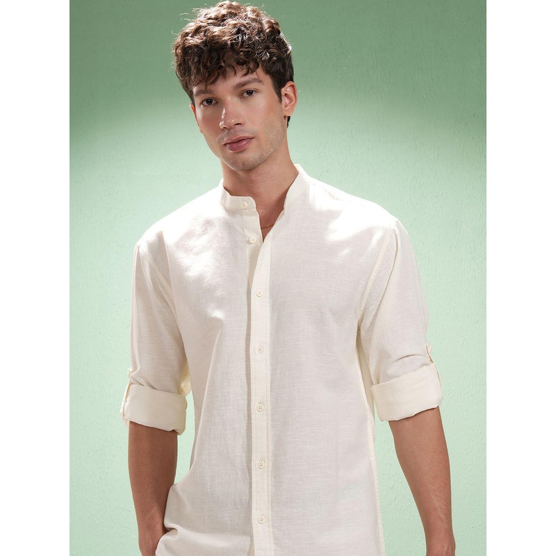 Highlander Men Cotton Linen Mandarin Collar Roll Up Sleeve Casual Shirt