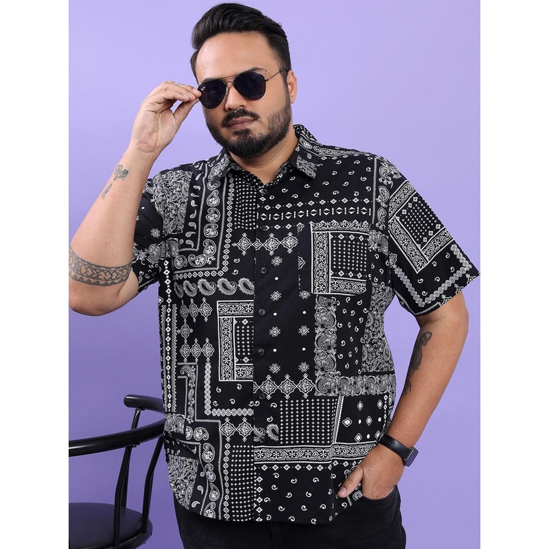 HIGHLANDER Plus Size Black Ethnic Motifs Printed Spread Collar Cotton Casual Shirt