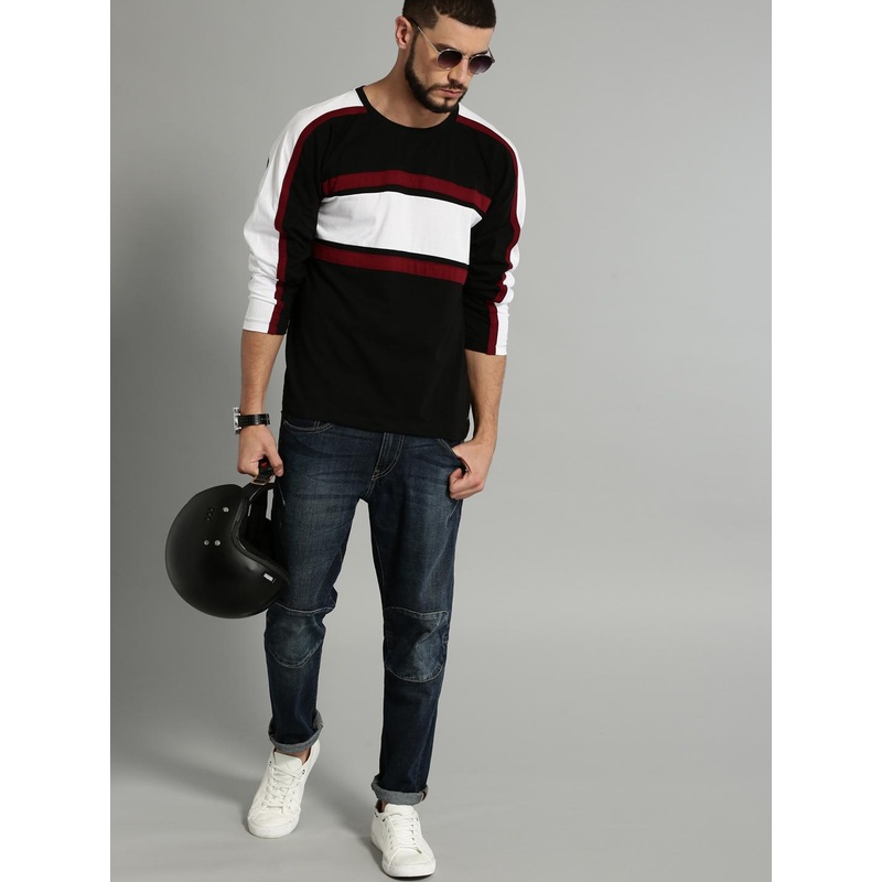 Roadster Men Black  White Colourblocked Round Neck Pure Cotton T-shirt