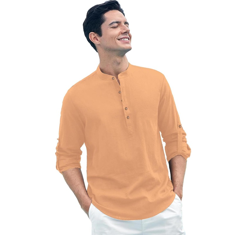 TrendiVastra Men Band Collar Roll-Up Sleeves Short Kurta