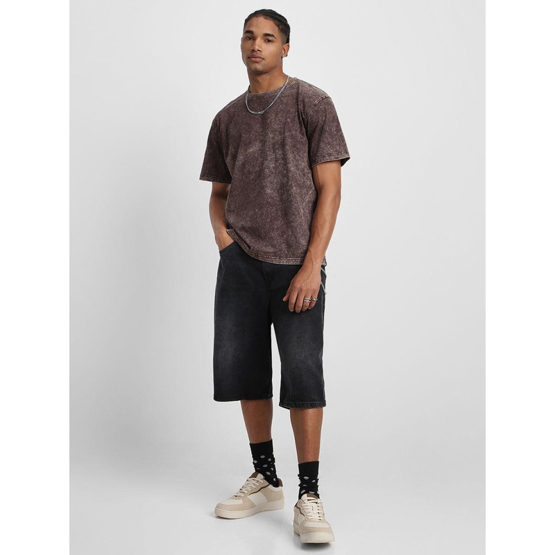 VEIRDO Men Brown Acid Wash Printed Drop-Shoulder Sleeves Pure Cotton Oversize T-shirt