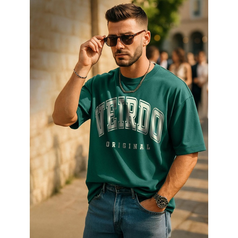 VEIRDO Men Green Typography Printed Round Neck Pure Cotton Oversized T-shirt