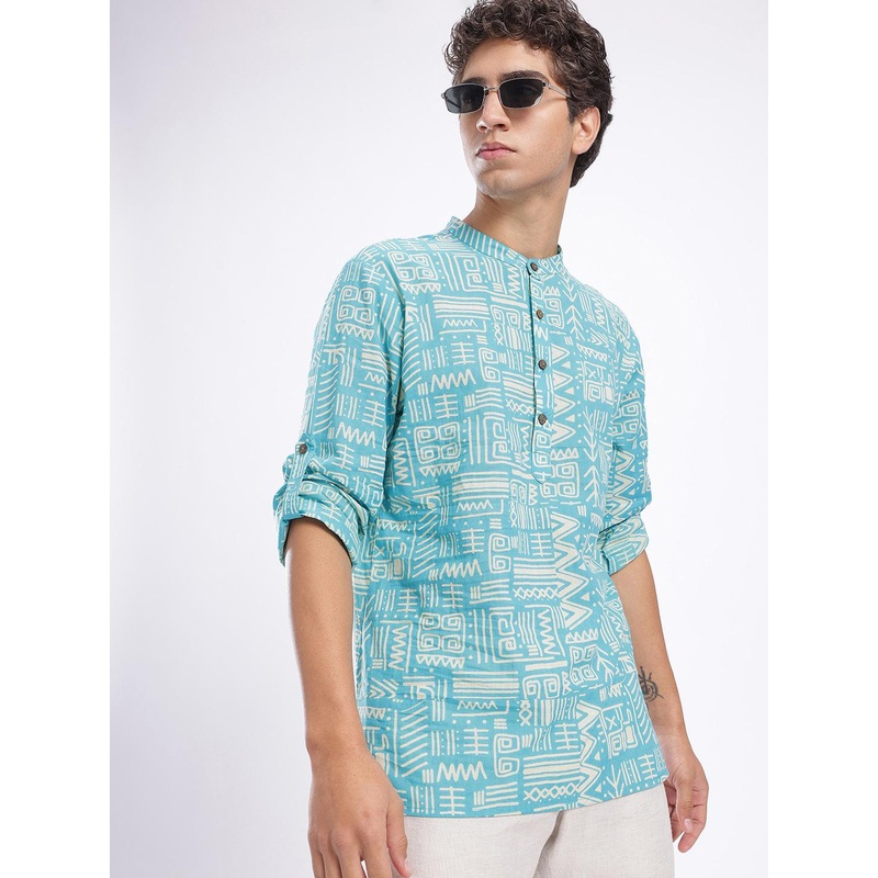 Anouk Rustic Tribal Printed Band Collar Roll-Up Sleeves Kurta