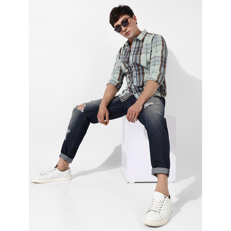 Campus Sutra Cream Coloured Classic Tartan Checks Spread Collar Casual Shirt