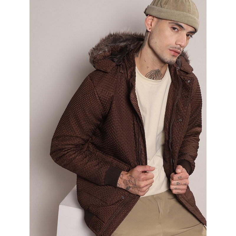 Campus Sutra Self-Design Windcheater Hooded Puffer Jacket