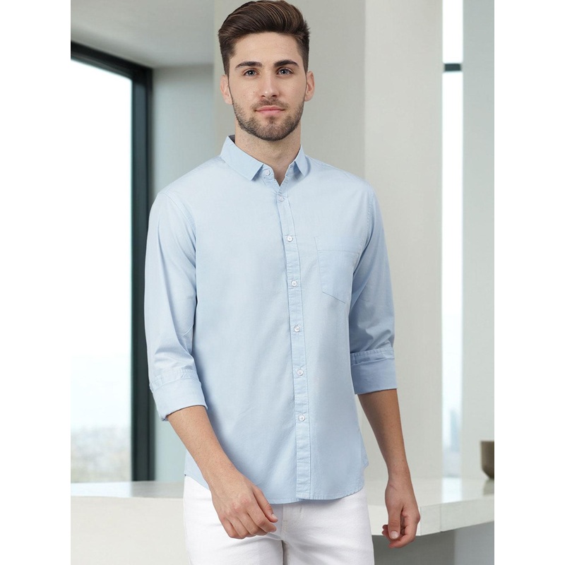 Dennis Lingo Men Blue Cotton Slim Fit Solid Casual Shirt