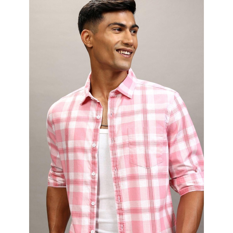 Highlander Men Cotton Linen Checked Casual Shirt