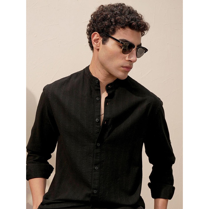 HIGHLANDER Men Textured Band Collar Cotton Casual Shirt