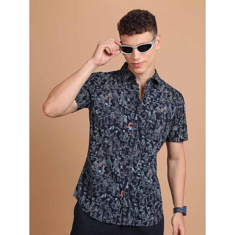 HIGHLANDER Navy Blue Slim Fit Conversational Printed Cotton Casual Shirt