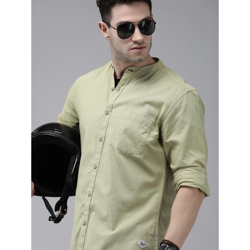 Roadster Men Beige Solid Regular Fit Mandarian Collar Pure Cotton  Sustainable Casual Shirt