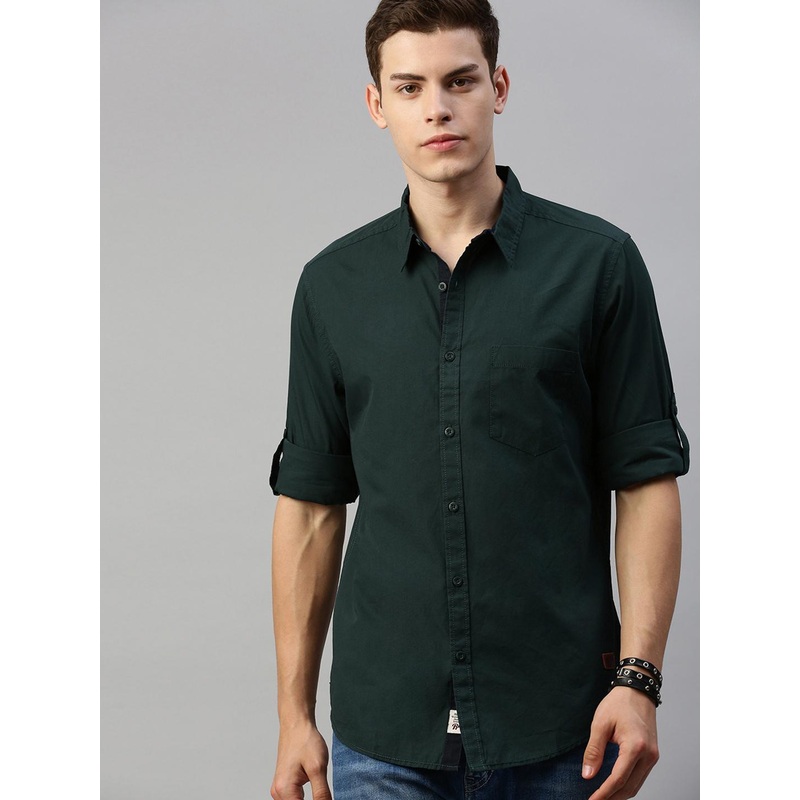 Roadster Men Green Regular Fit Solid Casual Shirt