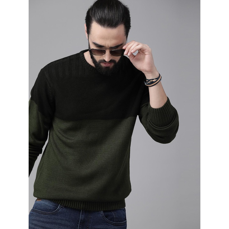 The Roadster Lifestyle Co Men Black & Olive Green Colourblocked Pullover Sweater