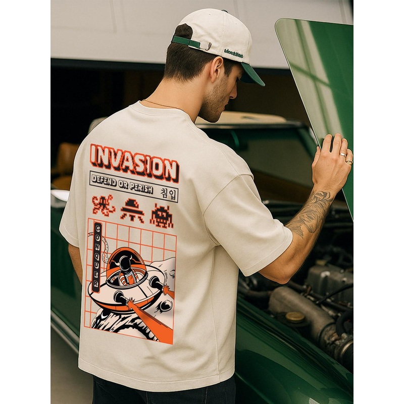 VEIRDO Men Beige Graphic Printed Round Neck Relaxed Fit Pure Cotton Oversized T-Shirt