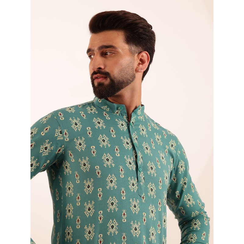 Anouk Men Ethnic Motifs Ikat Printed Mandarin Collar Short Kurta