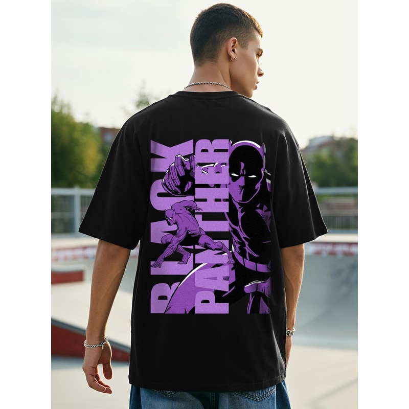 Bewakoof Black Panther Printed Drop-Shoulder Sleeves Oversized Cotton T-shirt