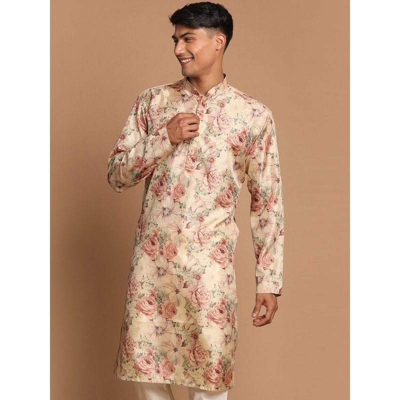 VASTRAMAY Men Beige Floral Printed Straight Kurta