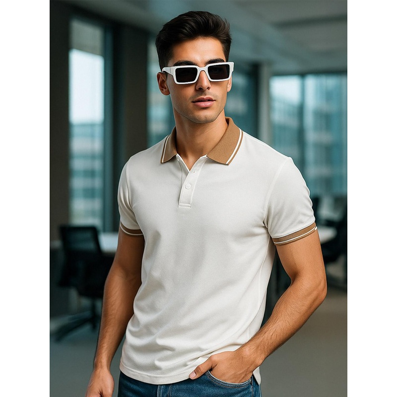 VEIRDO Men White Solid Regular Fit Pure Cotton Polo T-Shirt