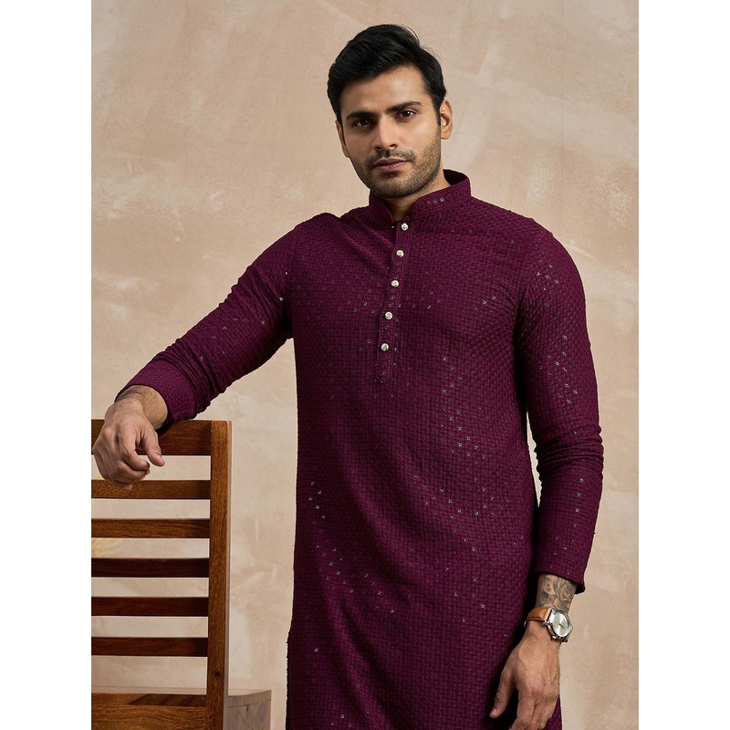 Anouk Burgundy Geometric Embroidered Mandarin Collar Sequins Straight Kurta