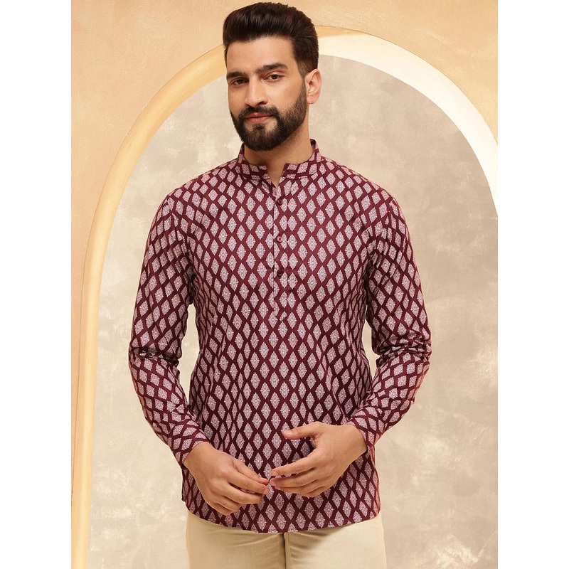 Anouk Maroon Ethnic Motifs Printed Band Collar Straight Short Kurta