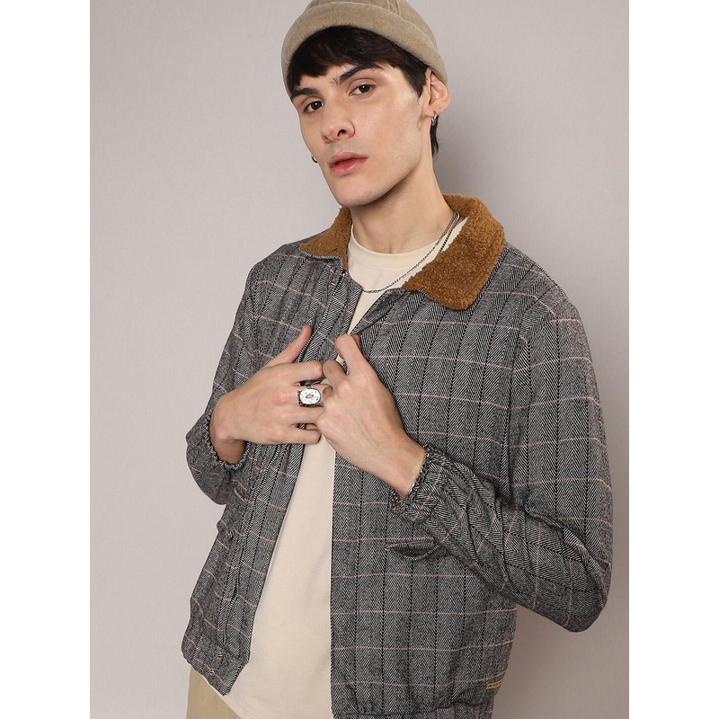 Campus Sutra Checked Windcheater Faux Fur Trim Cotton Tailored Jacket