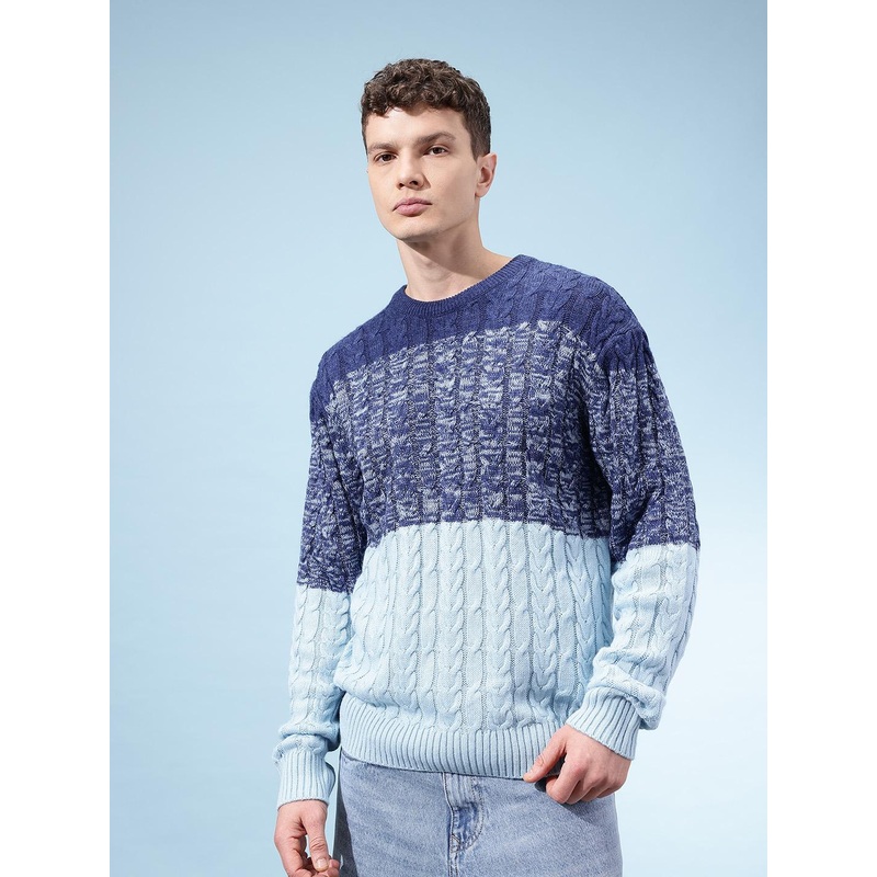 glitchez Acrylic Colourblocked Cable Knit Pullover