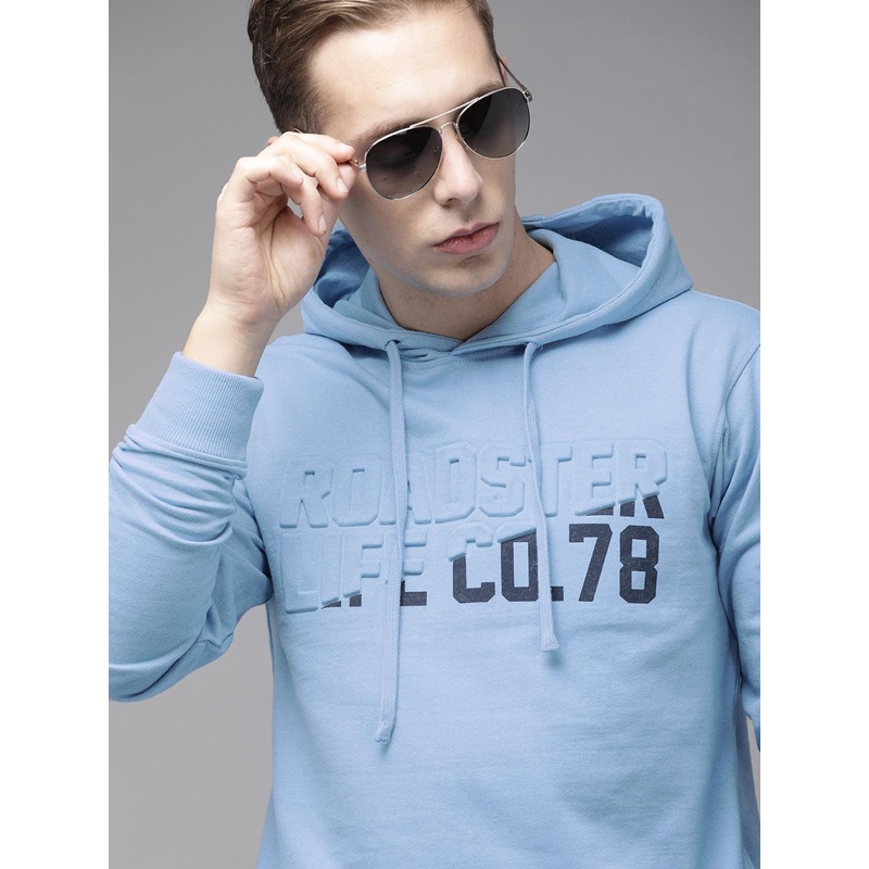 Roadster Men Blue Embossed Hooded Sweatshirt