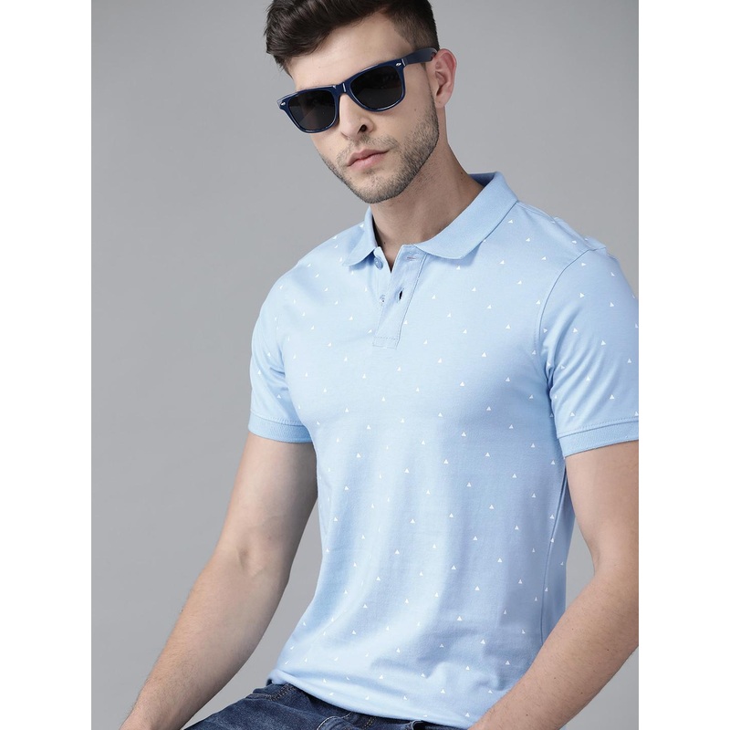 Roadster Men Blue & White Printed Polo Collar Pure Cotton T-shirt