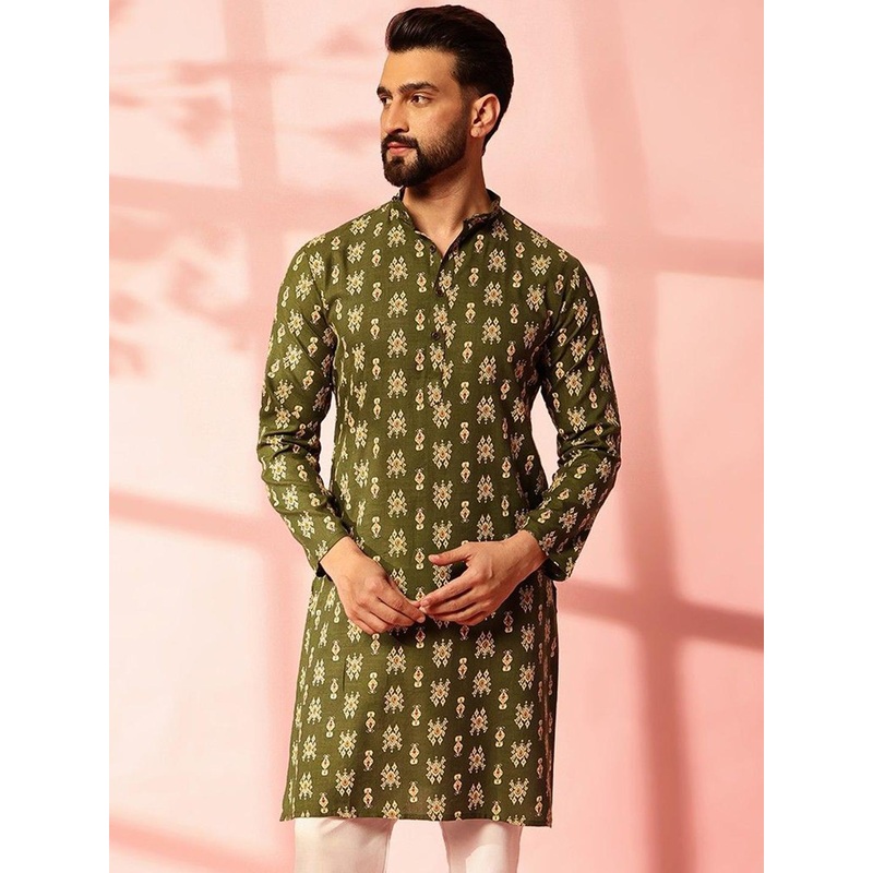 Anouk Ethnic Motifs Printed Band Collar Ikat Technique Straight Cotton Linen Kurta