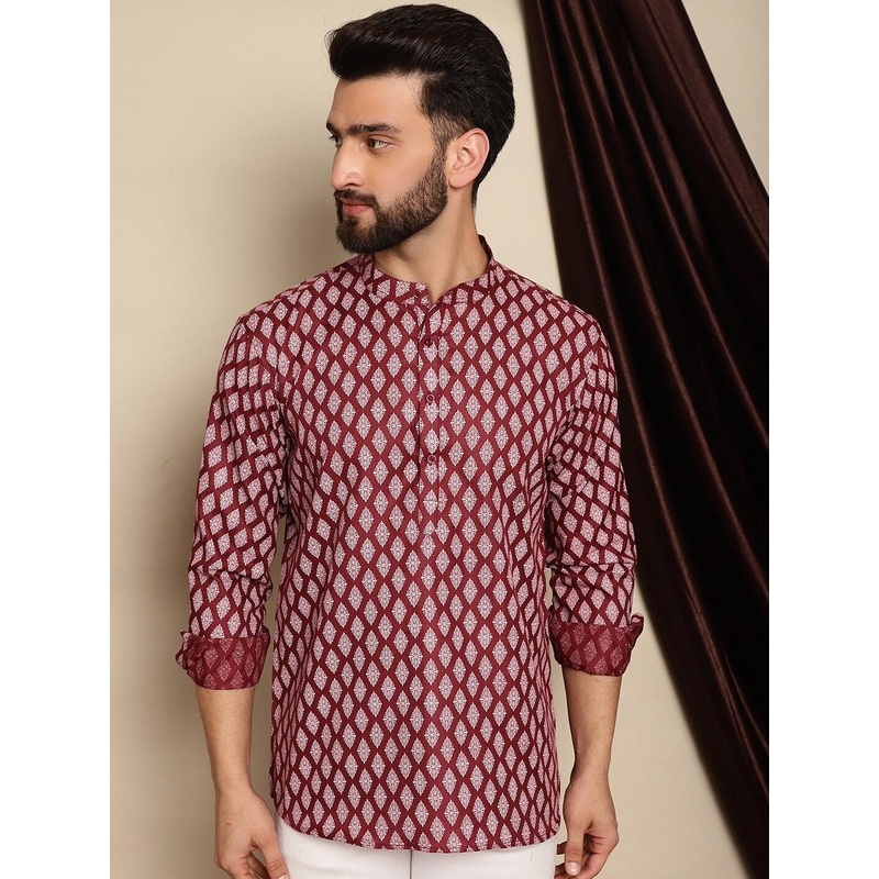 Anouk Maroon Ethnic Motifs Printed Band Collar Short Kurta