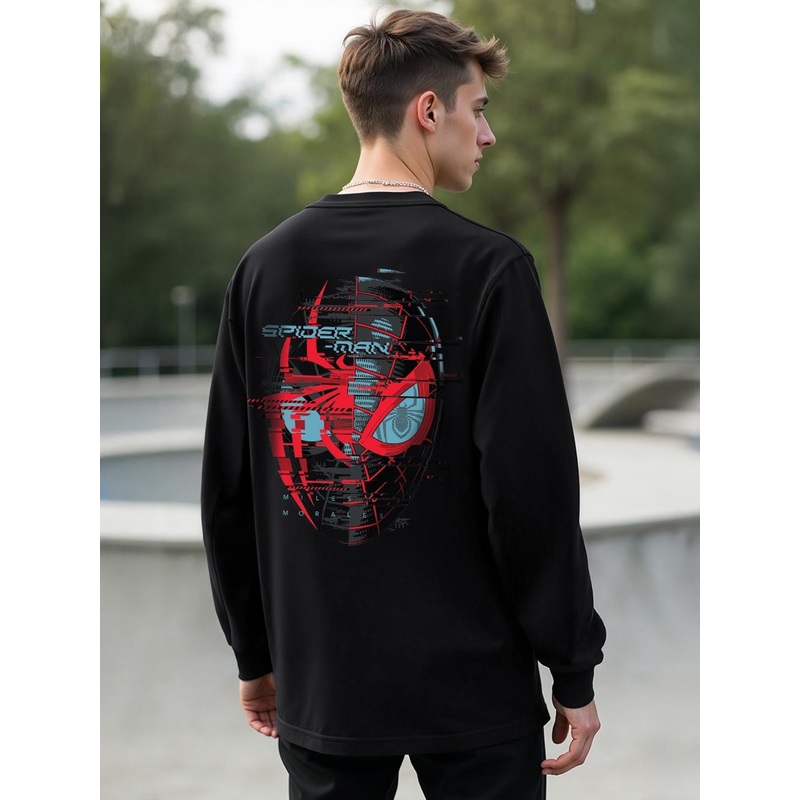 Bewakoof Black Across The Spiderverse Graphic Printed Oversized Pure Cotton T-shirt