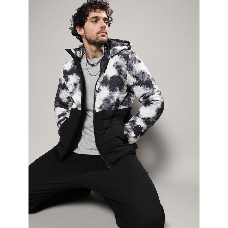 Campus Sutra Men Black Tie and Dye Hooded Windcheater Bomber Jacket