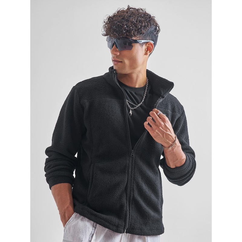 HIGHLANDER Black High Neck Long Sleeves Front-Open Sweatshirt