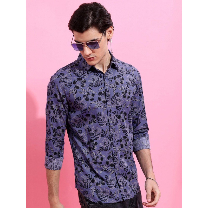 HIGHLANDER Men Blue Slim Fit Floral Opaque Printed Cotton Casual Shirt