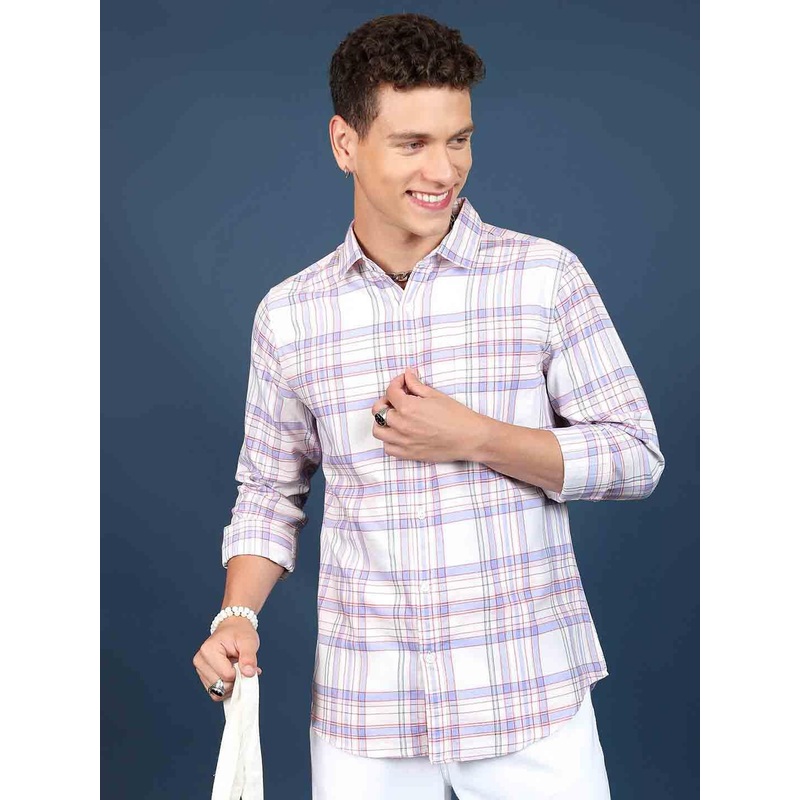 HIGHLANDER White & Pink Slim Fit Tartan Checked Spread Collar Casual Shirt