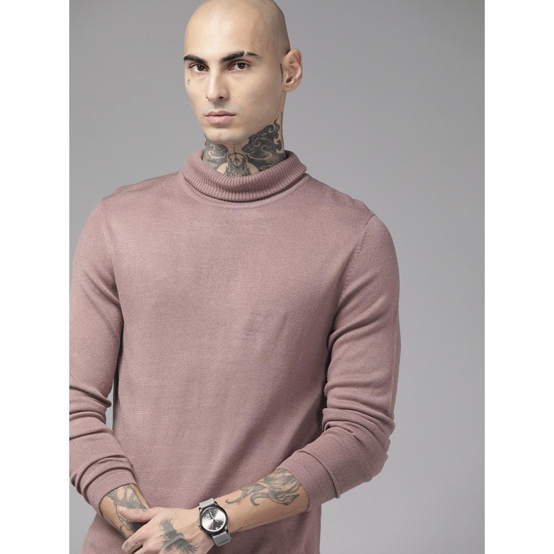 The Roadster Lifestyle Co. Men Mauve Solid Acrylic Turtle Neck Pullover