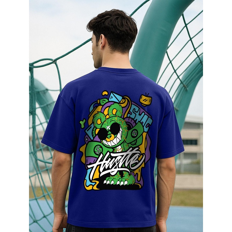 VEIRDO Men Blue Graphic Printed Round Neck Relaxed Fit Pure Cotton Oversized T-Shirt